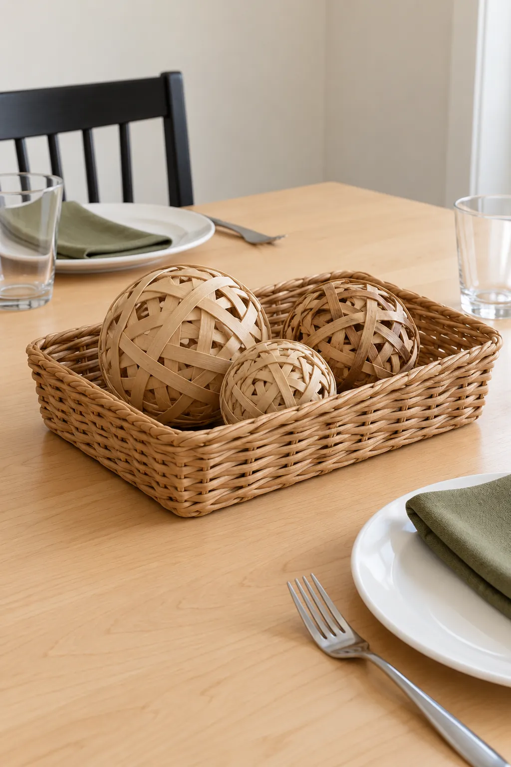 Woven balls in a bread basket as a Thanksgiving centerpiece without candles