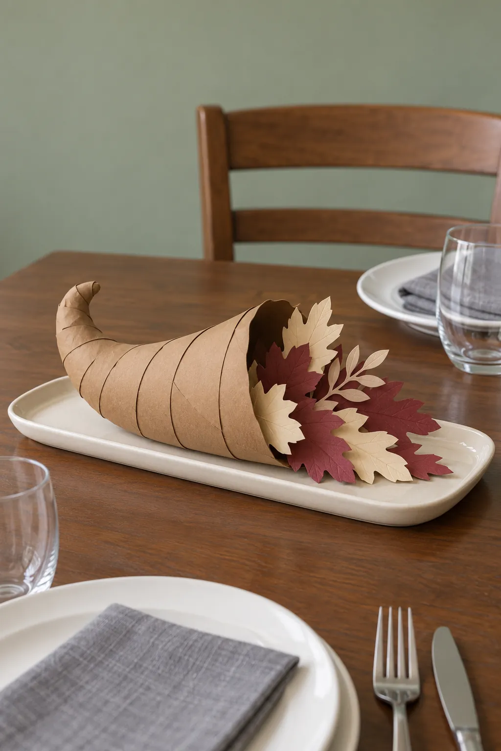 A small paper cornucopia as a Thanksgiving centerpiece without candles