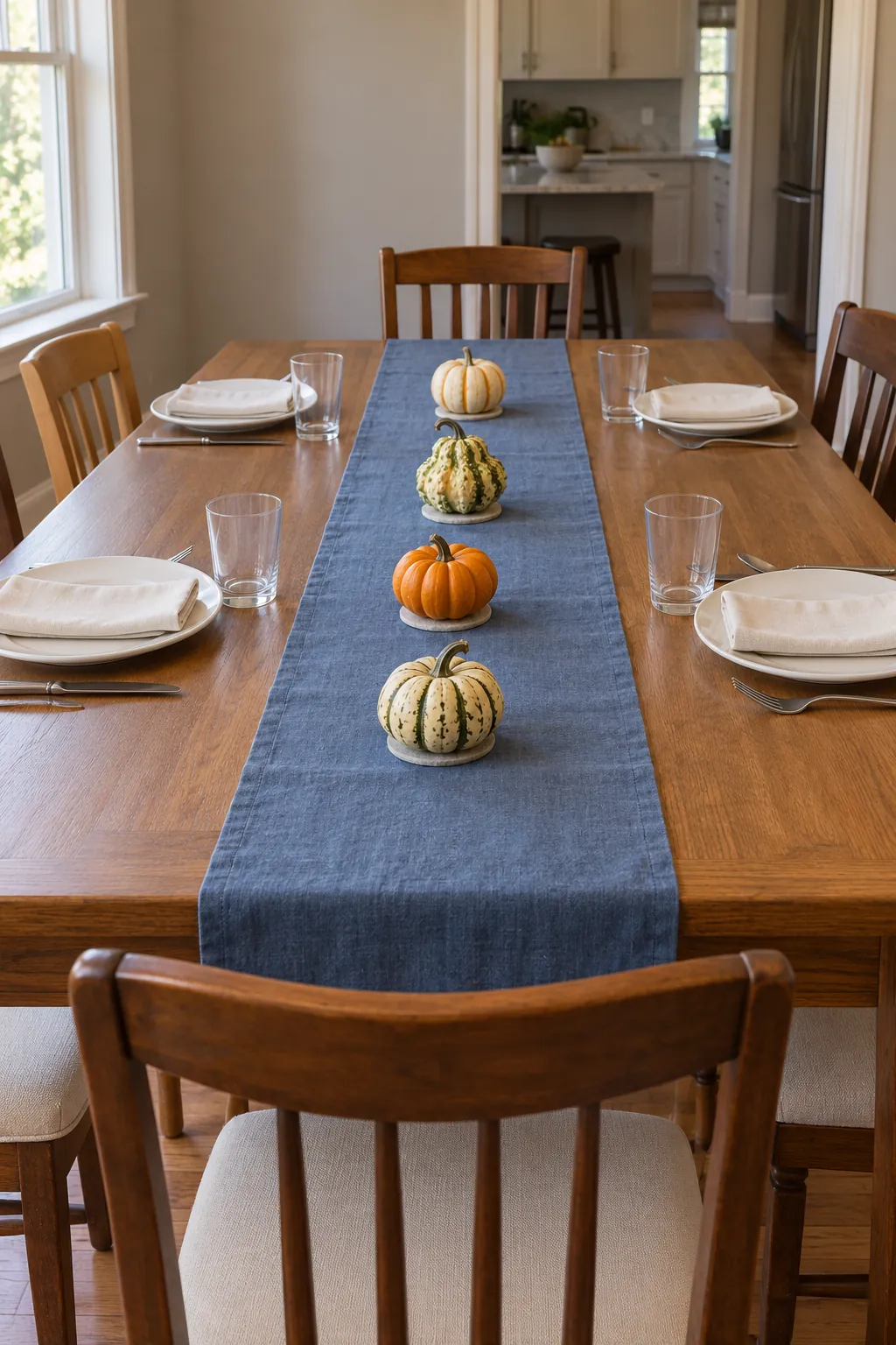 A simple line of small gourds as a Thanksgiving centerpiece without candles