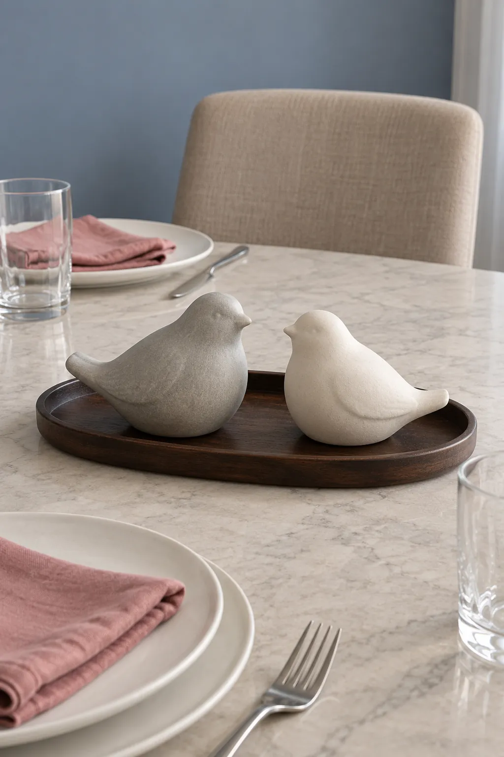 Two matte ceramic birds as a Thanksgiving centerpiece without candles