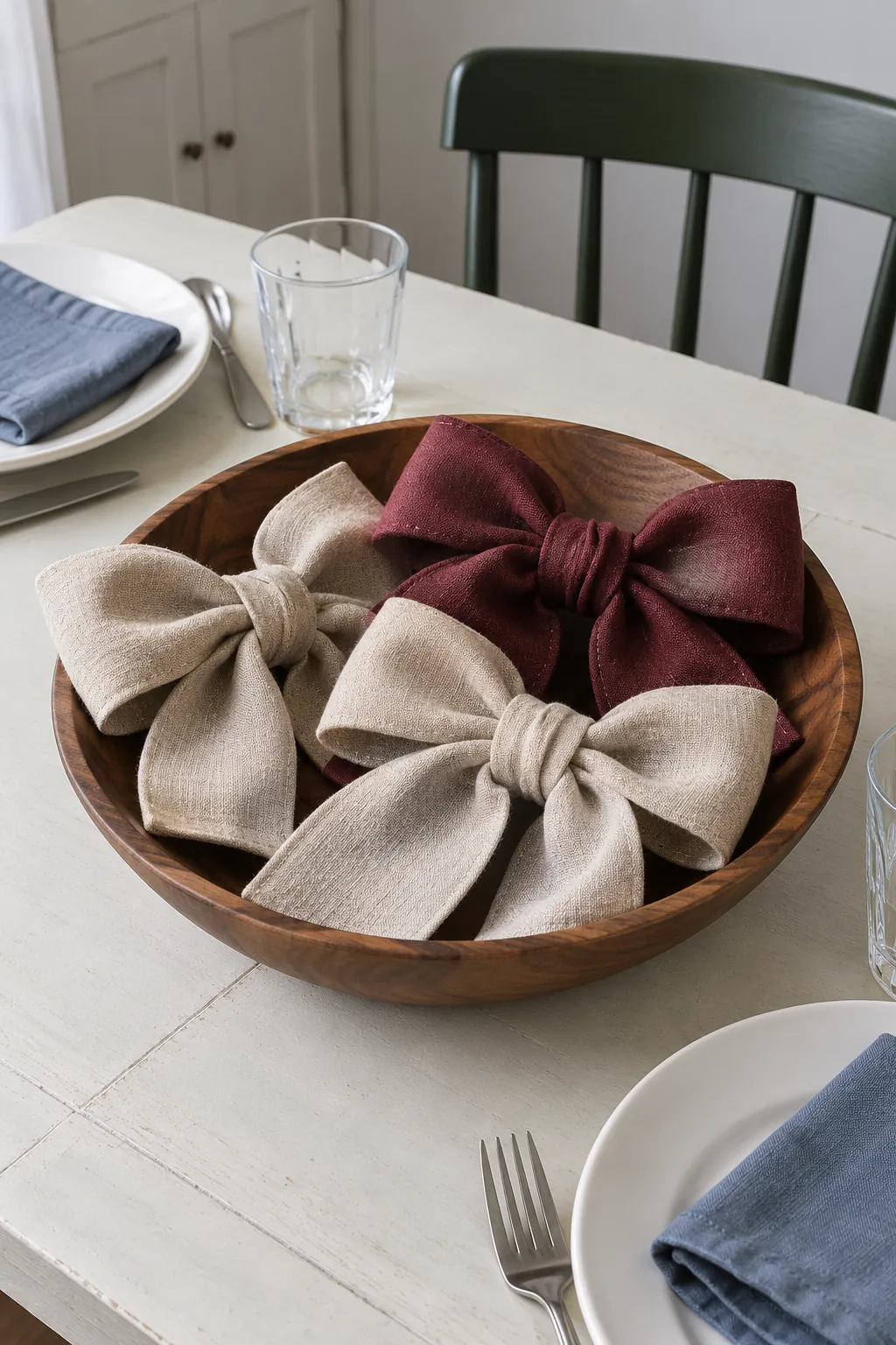 Linen bows gathered in a wooden bowl as a Thanksgiving centerpiece without candles