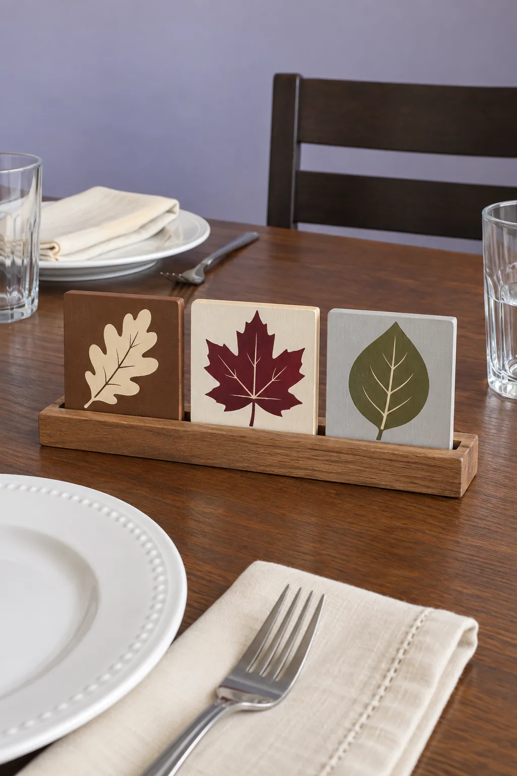 Painted leaf tiles on a stand as a Thanksgiving centerpiece without candles