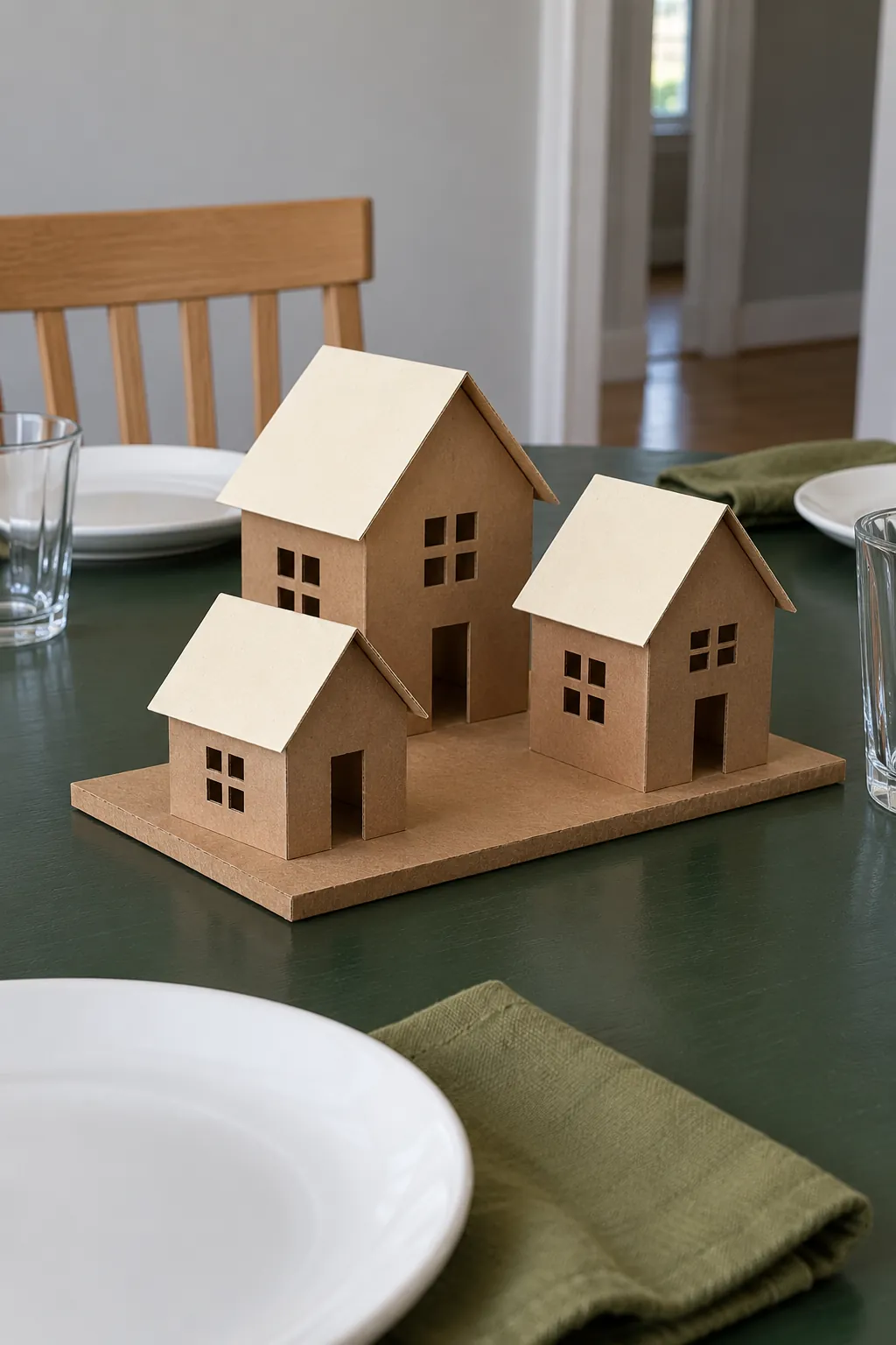 A little cardboard harvest village as a Thanksgiving centerpiece without candles