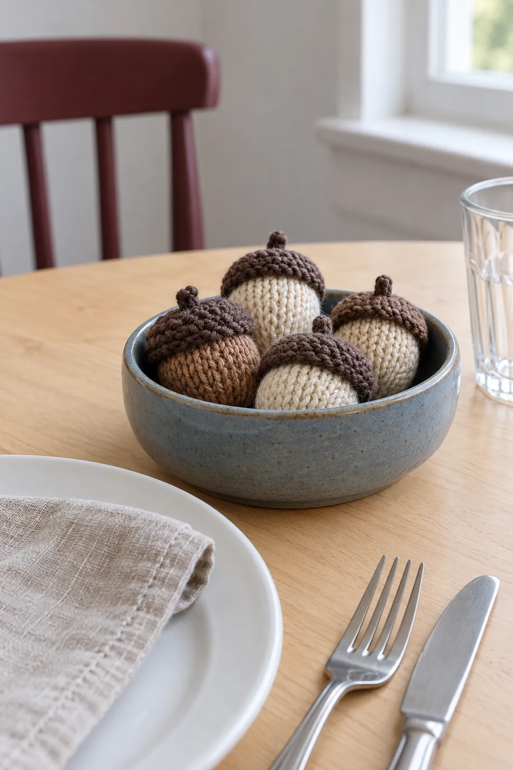 Knitted acorns in a ceramic cup as a Thanksgiving centerpiece without candles