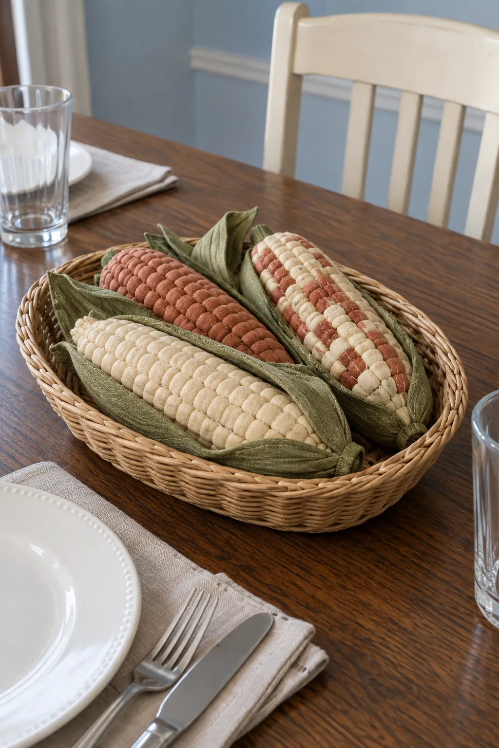 Fabric corn in a shallow basket as a Thanksgiving centerpiece without candles
