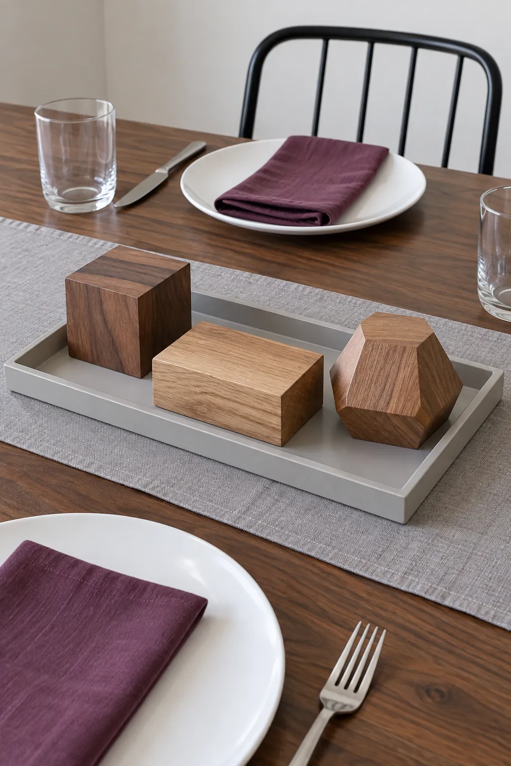 Low geometric wooden blocks as a Thanksgiving centerpiece without candles