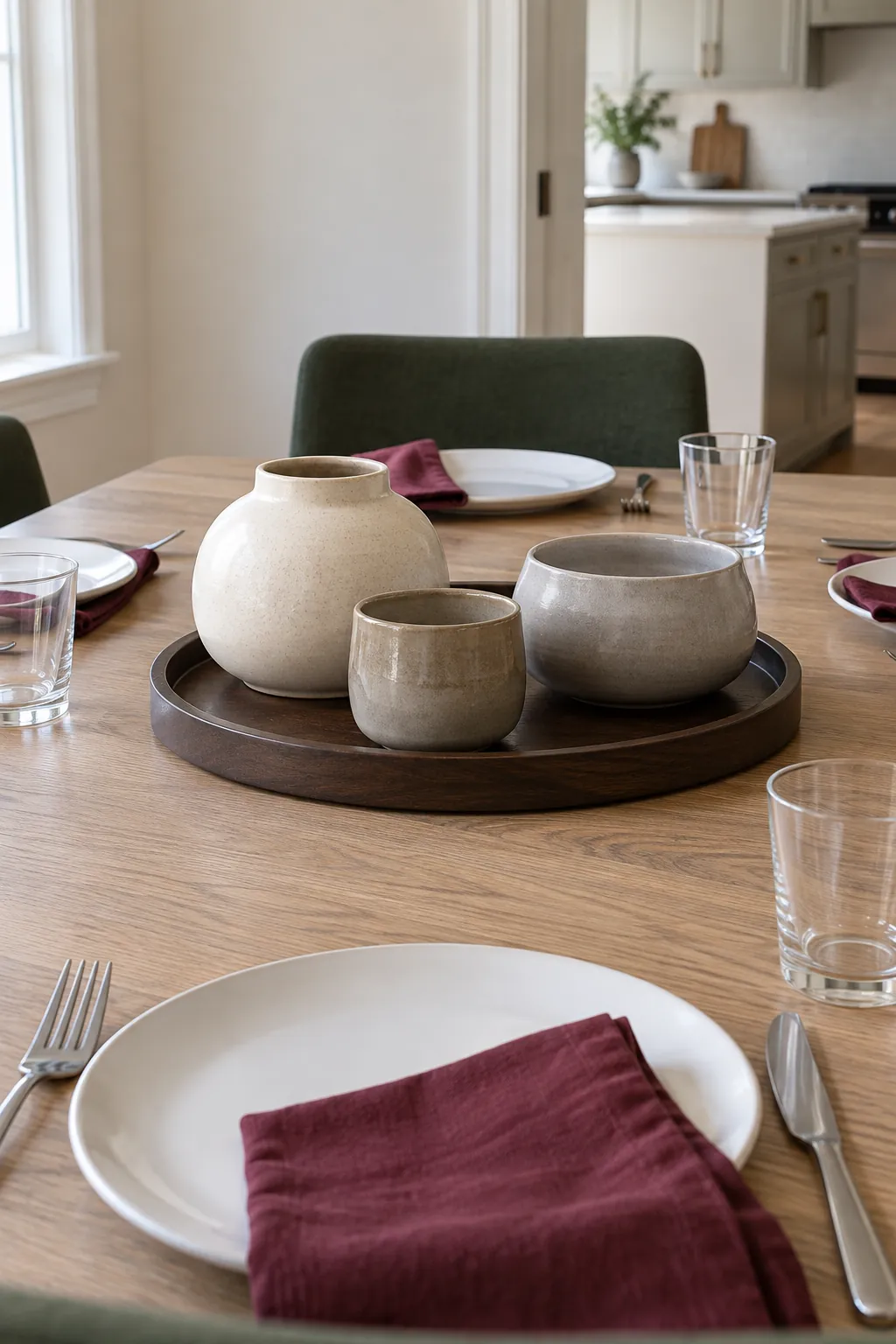 A trio of empty ceramic vessels as a Thanksgiving centerpiece without candles