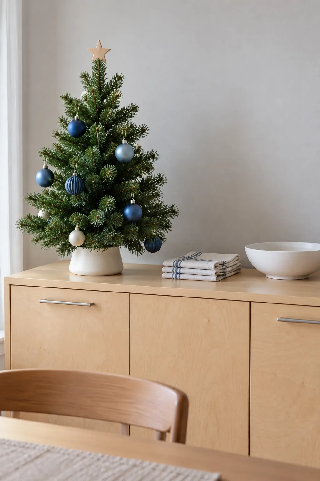 Tabletop Christmas tree on an existing sideboard with room remaining beside it