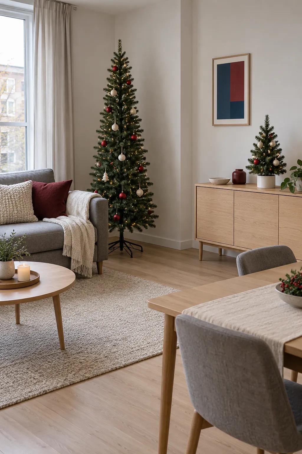 Slim and tabletop Christmas trees placed in a small apartment