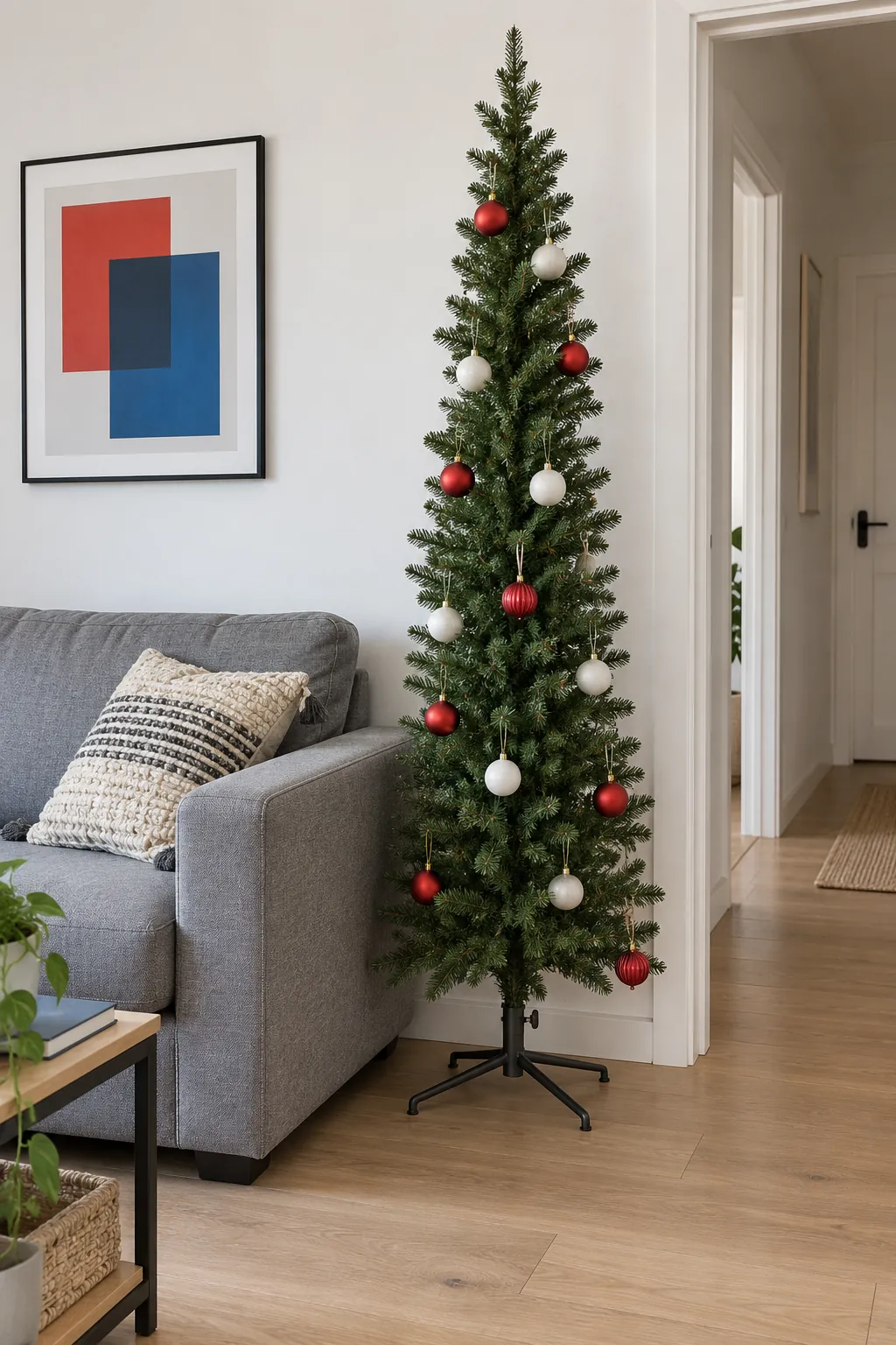 Slim Christmas tree beside a sofa with visible stand and clear walking space