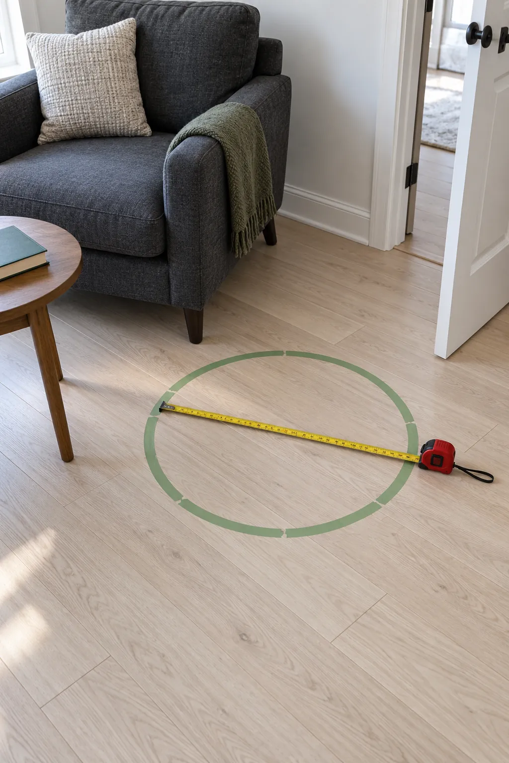 Tape outline and measuring tape checking tree placement beside an apartment chair