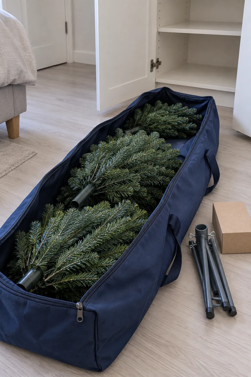 Disassembled slim artificial tree packed in a storage bag beside an apartment cupboard
