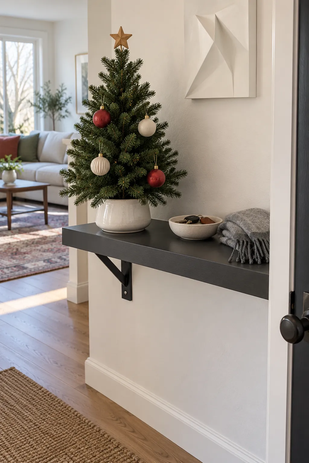 Compact tabletop tree on a deep existing shelf with the floor below left clear
