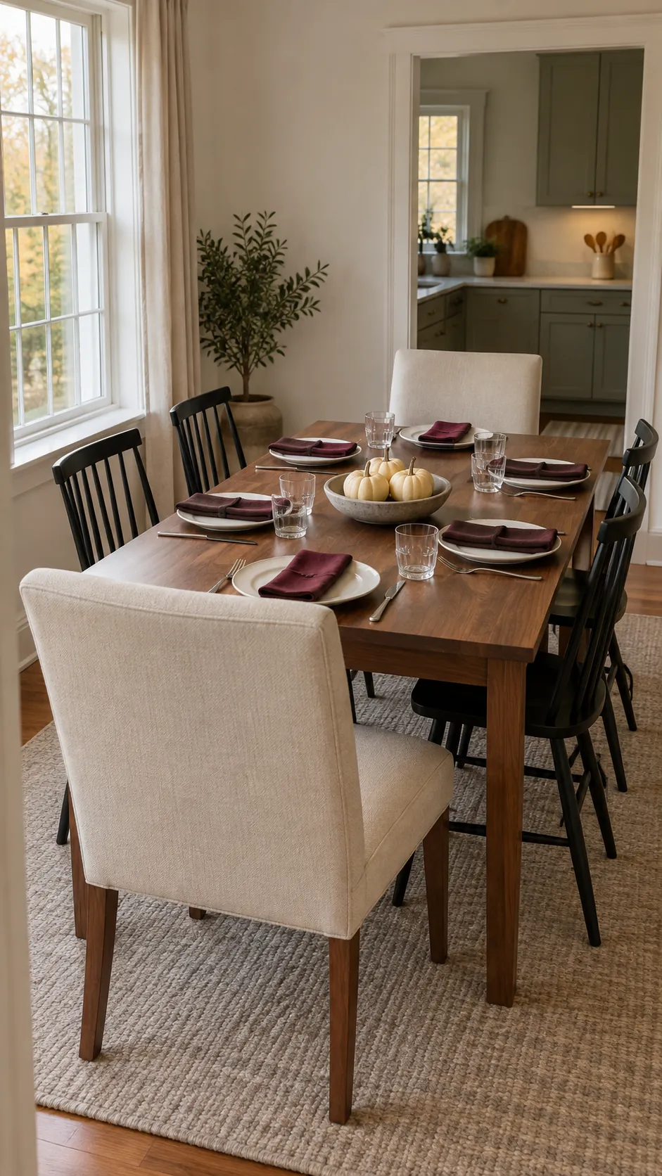 A Thanksgiving table with upholstered end chairs and dark wooden side chairs