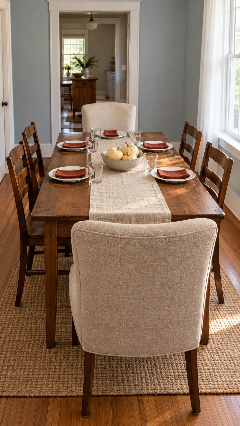 Matching upholstered chairs at the ends of a Thanksgiving table with wooden side chairs