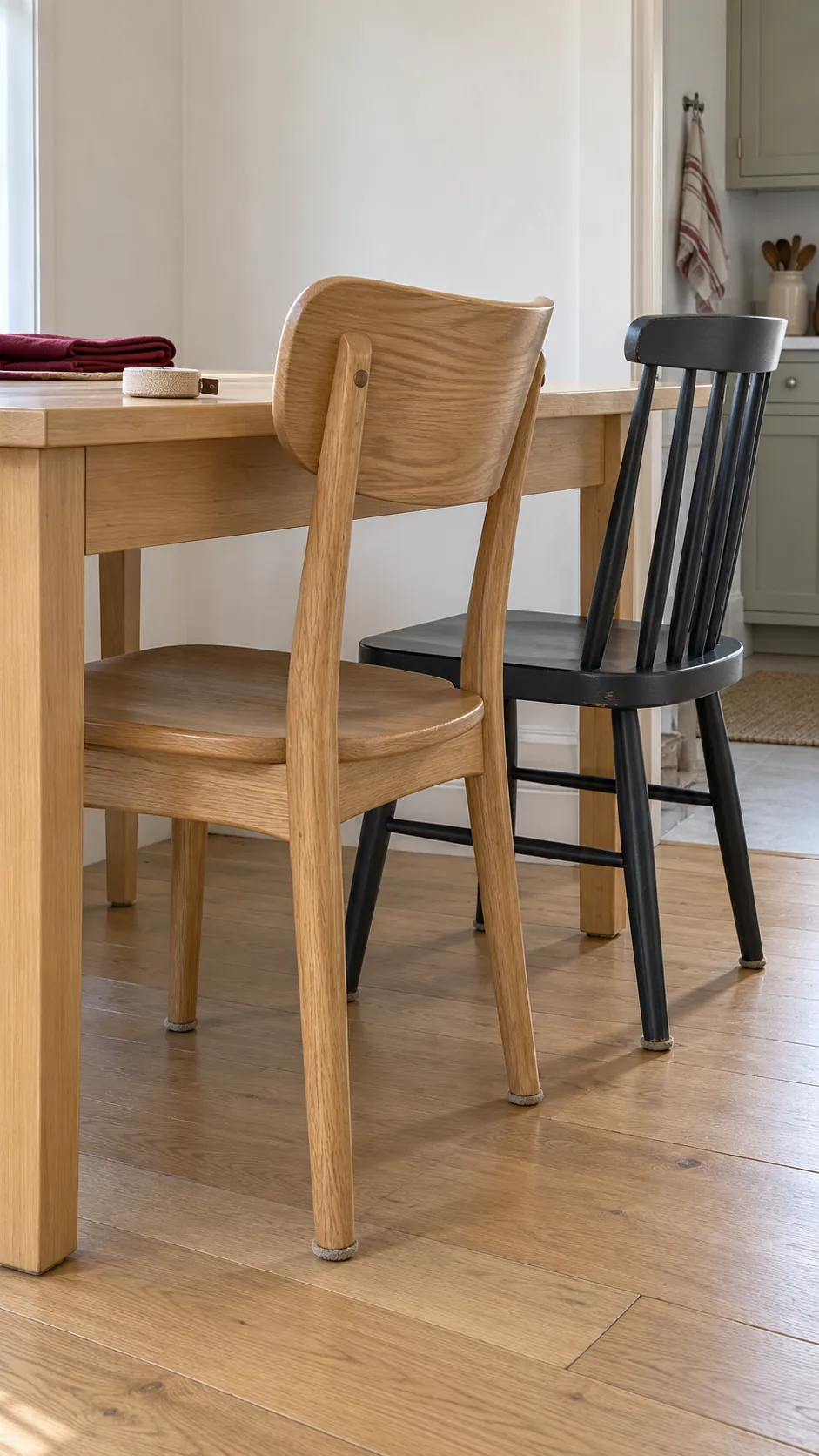 Two different dining chairs beside a table showing seat height and apron clearance