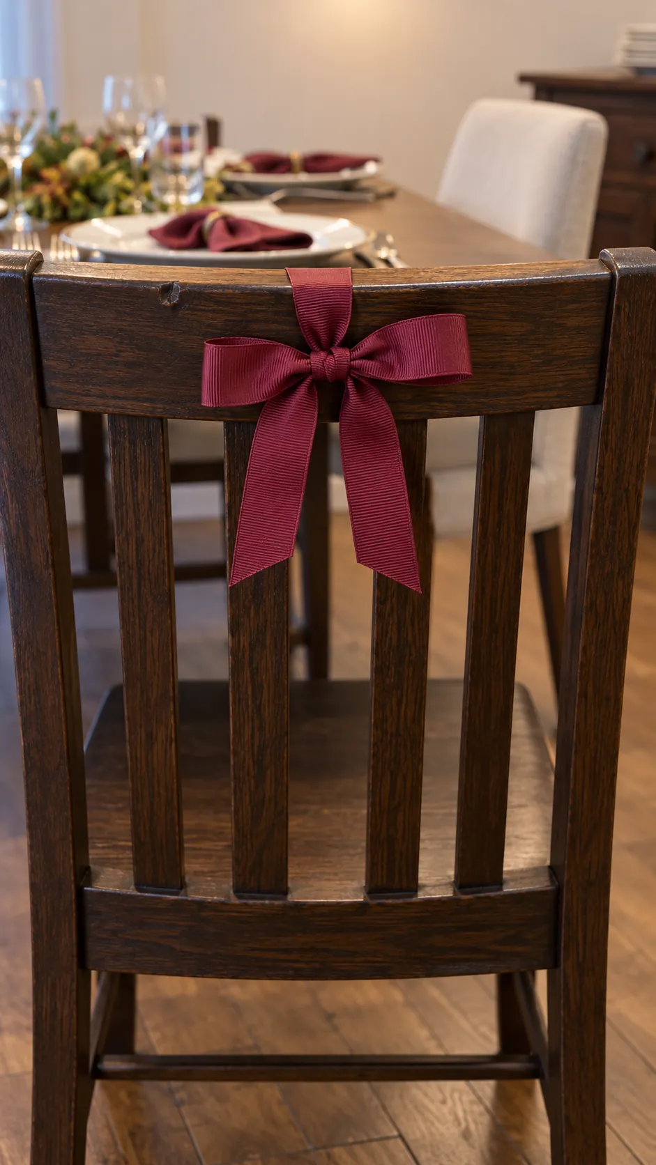 A short burgundy ribbon tied securely to the back of a wooden dining chair