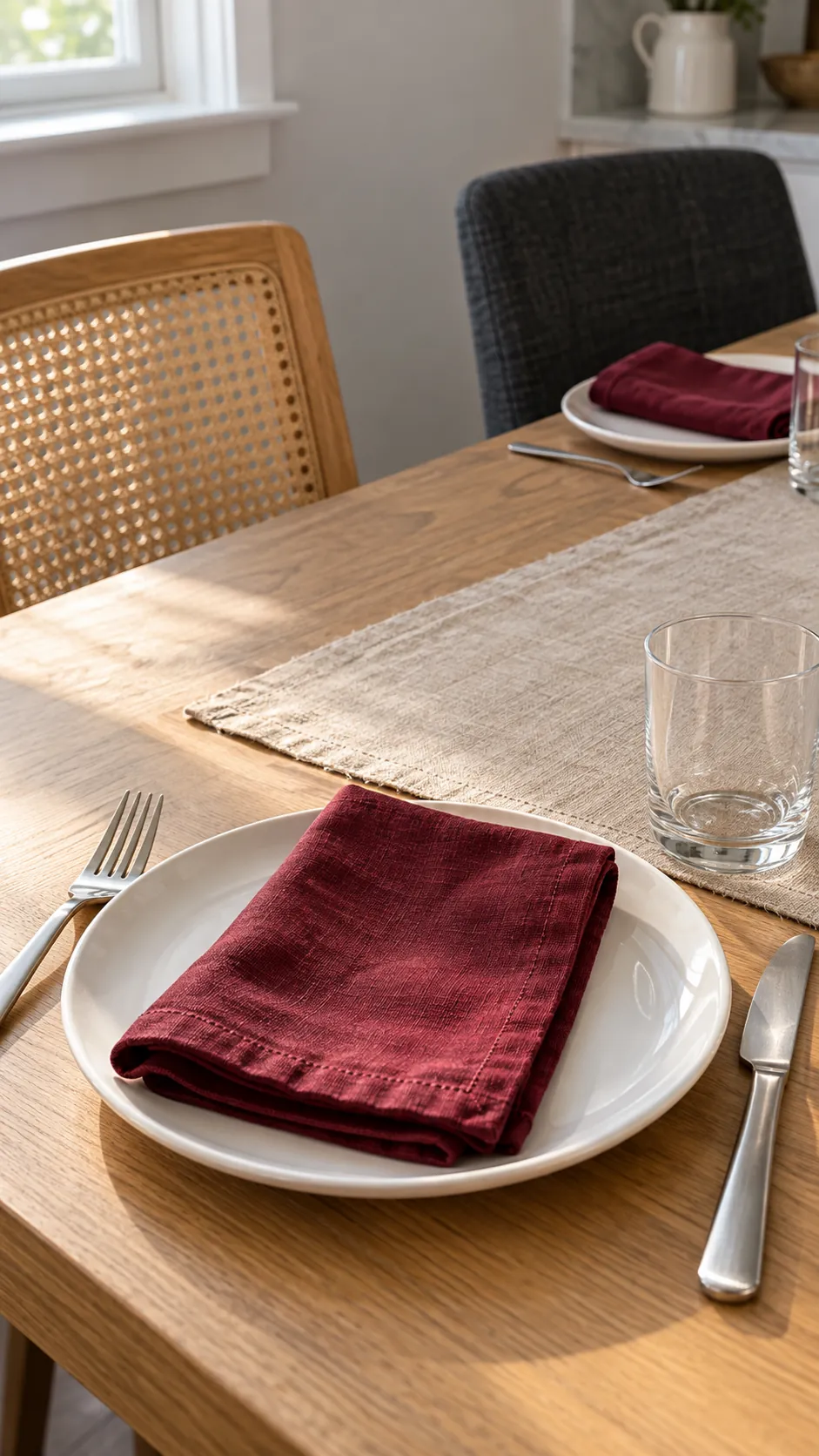 Burgundy napkins and white dishes connecting light wooden and charcoal dining chairs