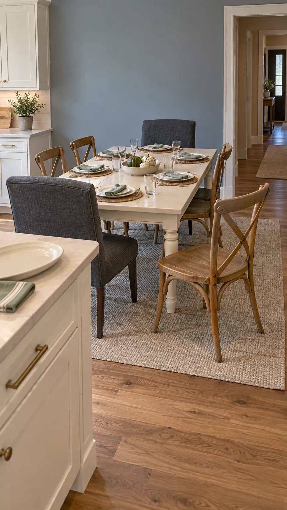 A Thanksgiving table with two chair styles and clear space for guests to pull out their seats