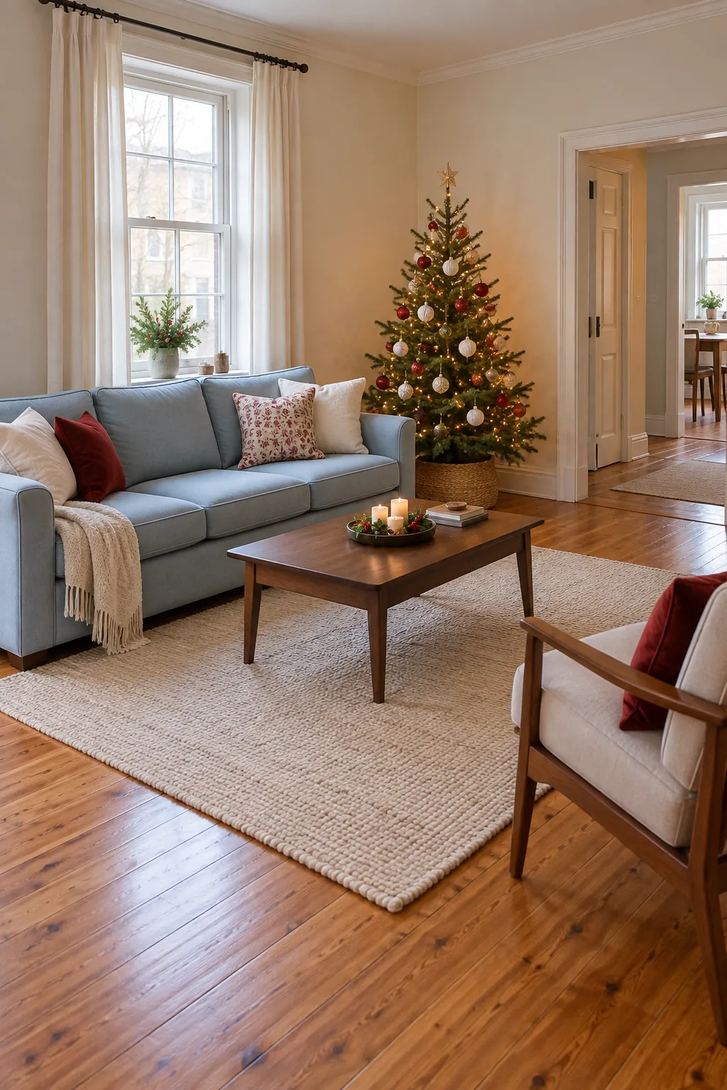 A Christmas tree in a spare corner with the living room sofa and clear route retained