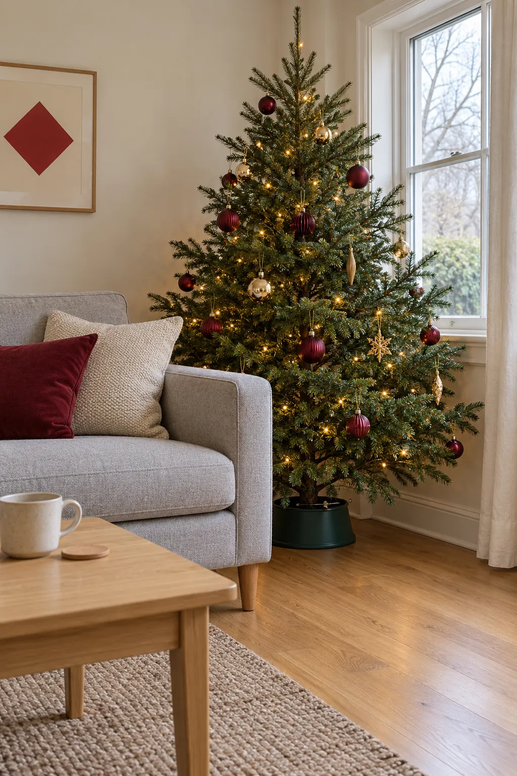 Christmas tree layout: use the window corner beyond the sofa arm