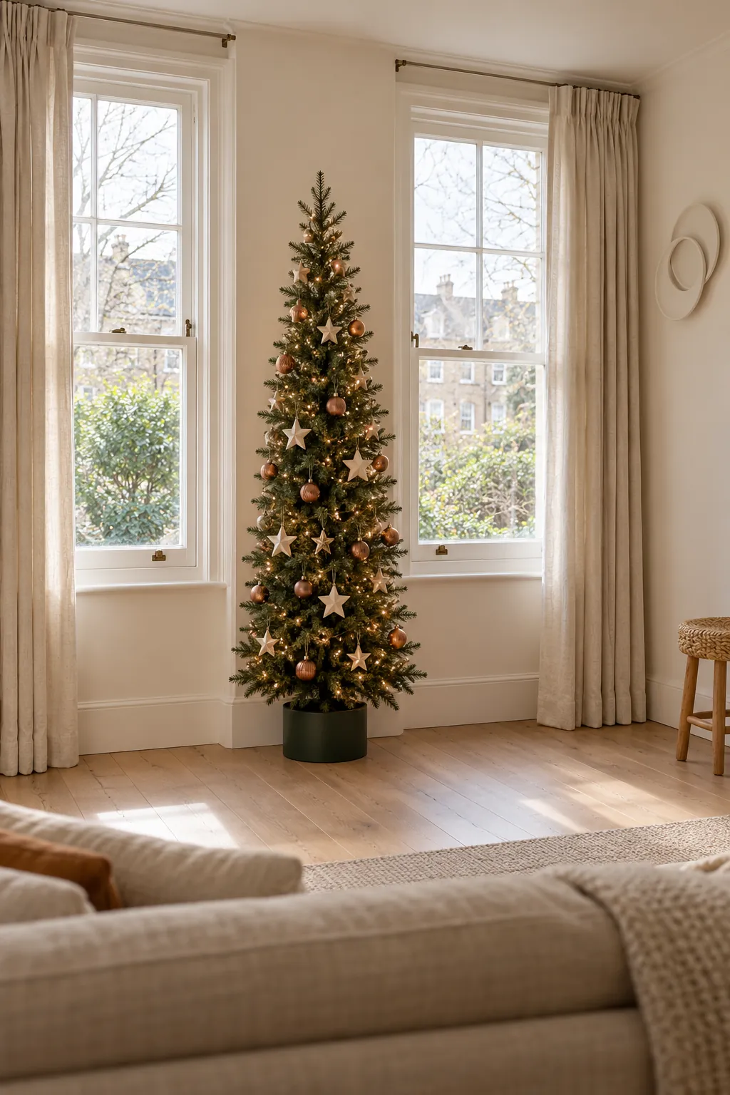 Christmas tree layout: place a slim tree between paired windows
