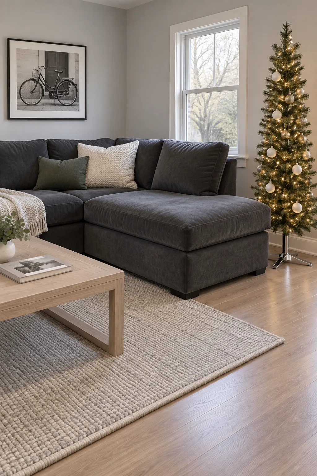 Christmas tree layout: set the tree beyond the sectional's short end