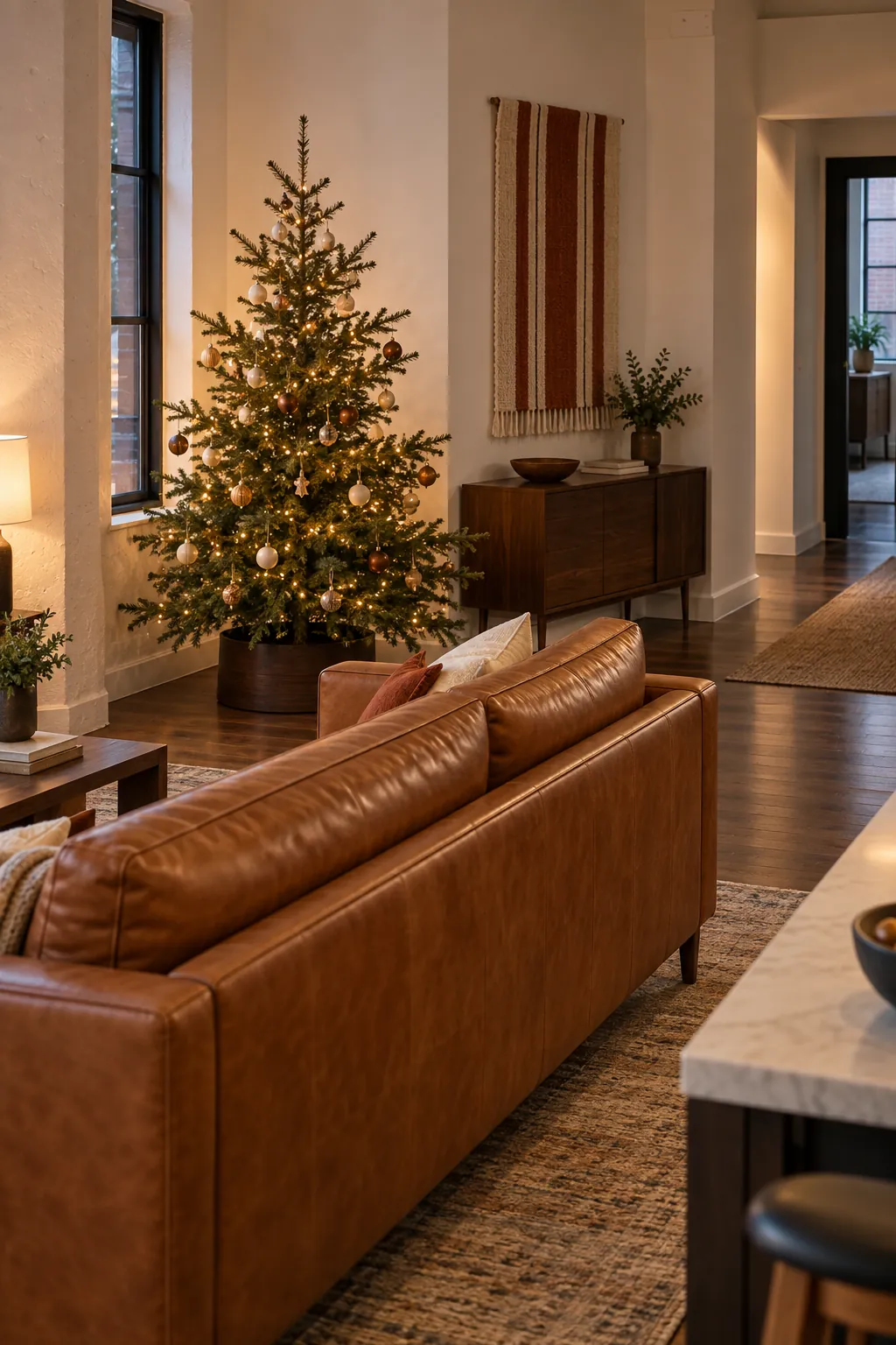 Christmas tree layout: use the spare space behind a floating sofa end