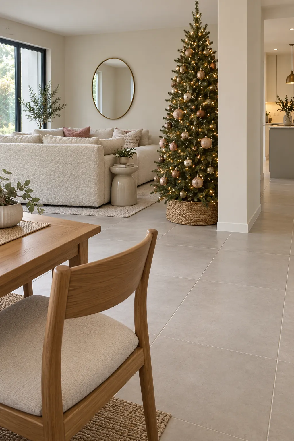 Christmas tree layout: place the tree on the living side of an open room