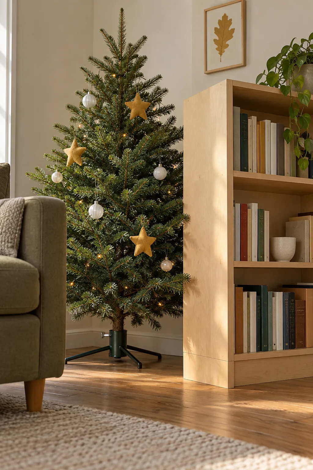 Christmas tree layout: anchor the tree beside the bookcase end