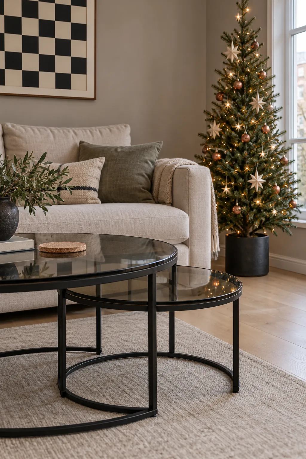 Christmas tree layout: nest small tables to release a room edge