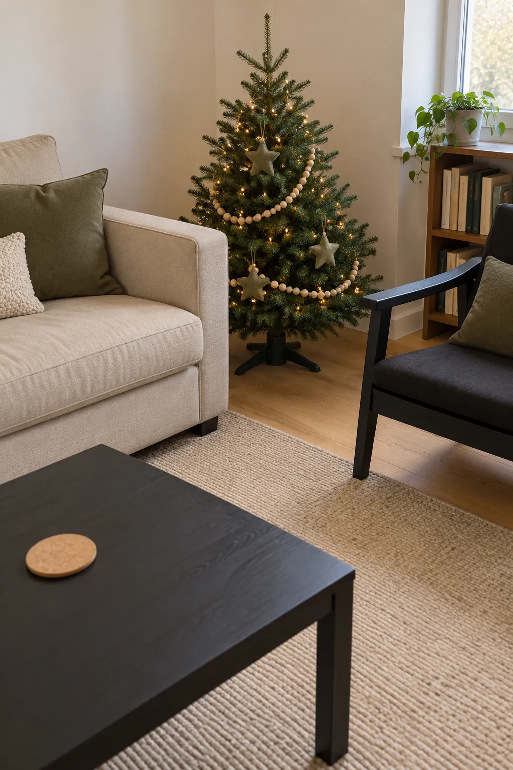 Christmas tree layout: store the ottoman to open a diagonal pocket