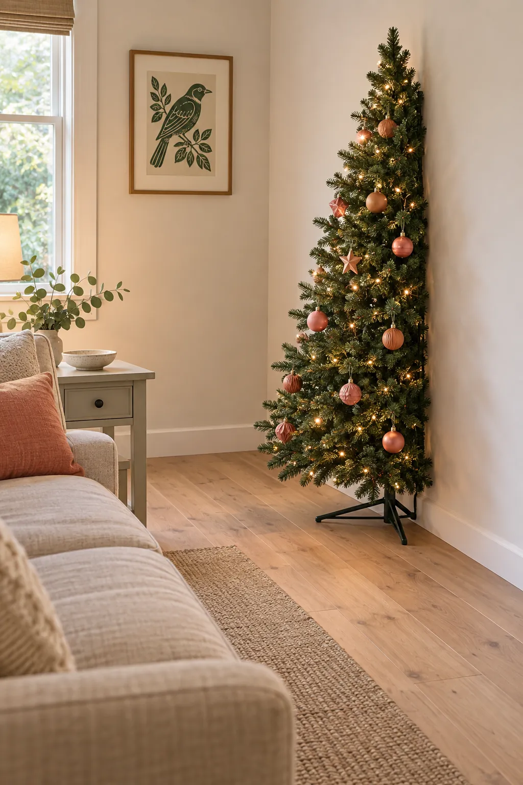 Christmas tree layout: use a flat backed tree along a spare wall