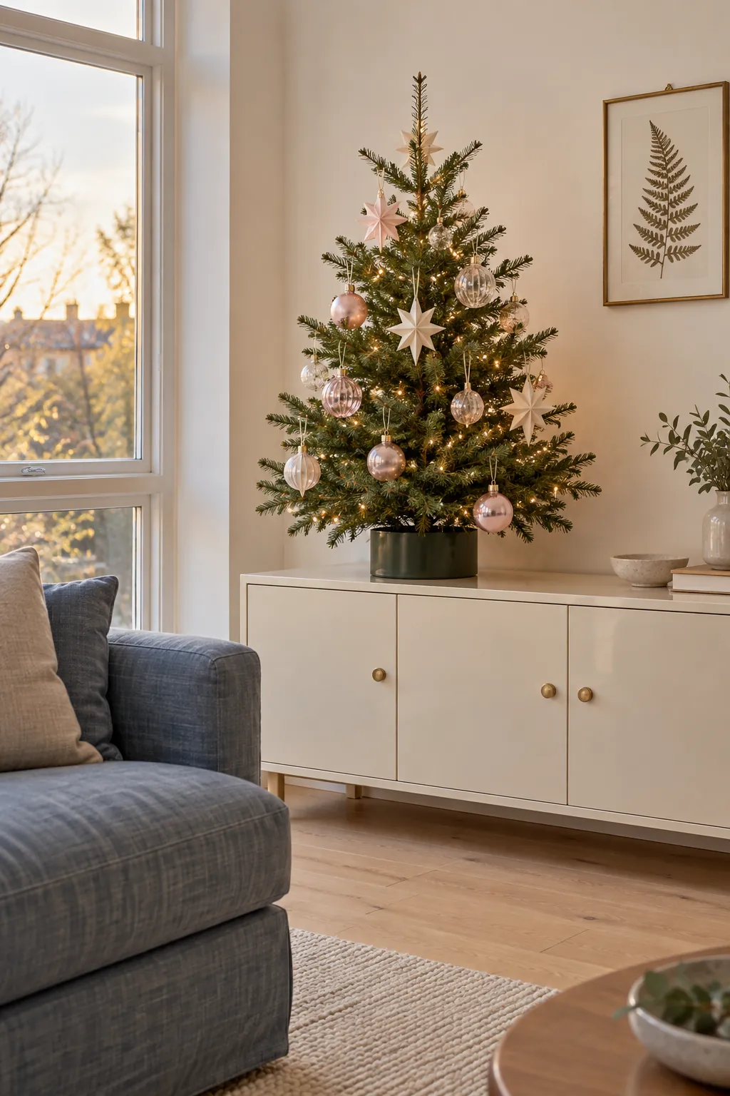 Christmas tree layout: use a low cabinet for a compact tree