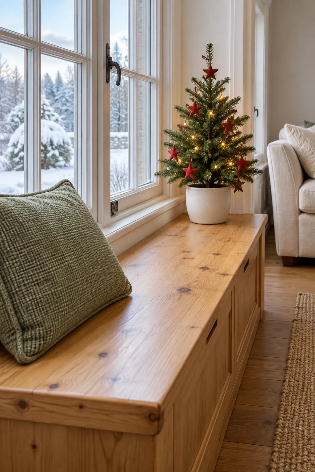 Christmas tree layout: place a small tree at one end of a window bench