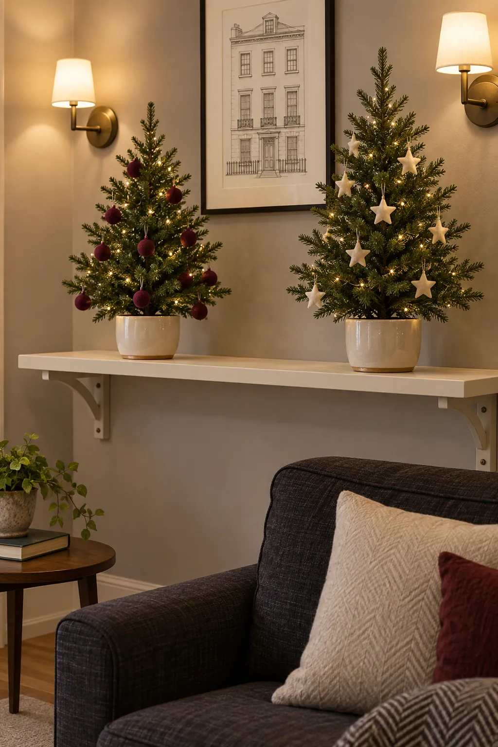 Christmas tree layout: arrange two miniature trees on a wide shelf