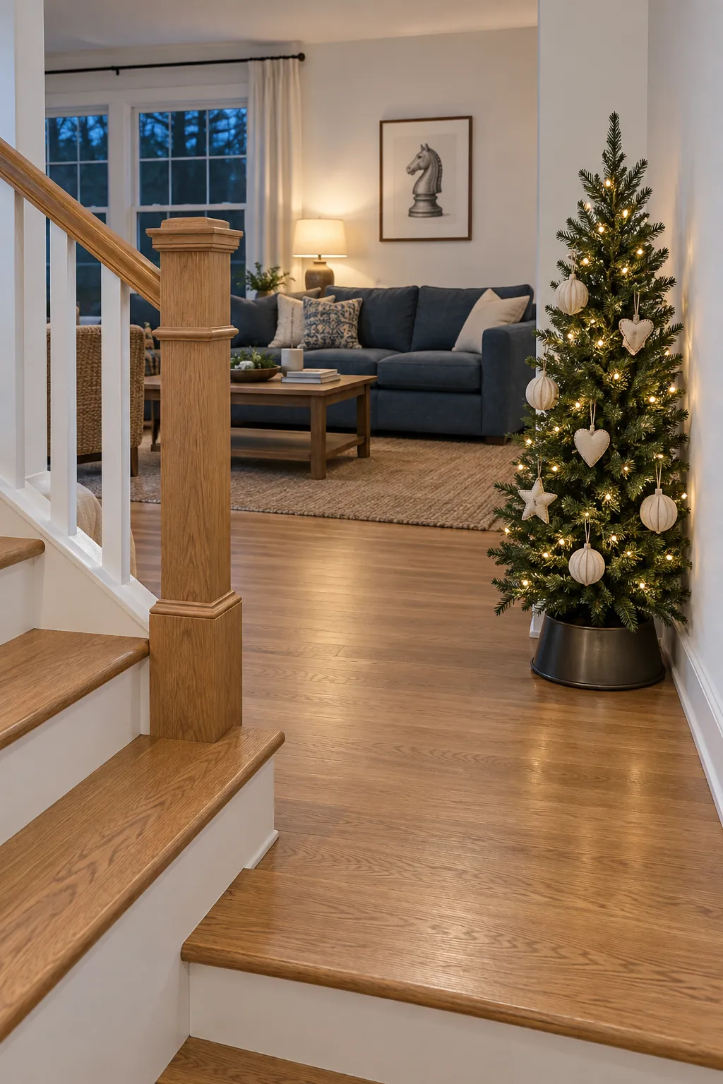 Christmas tree layout: place the tree beside the stair wall