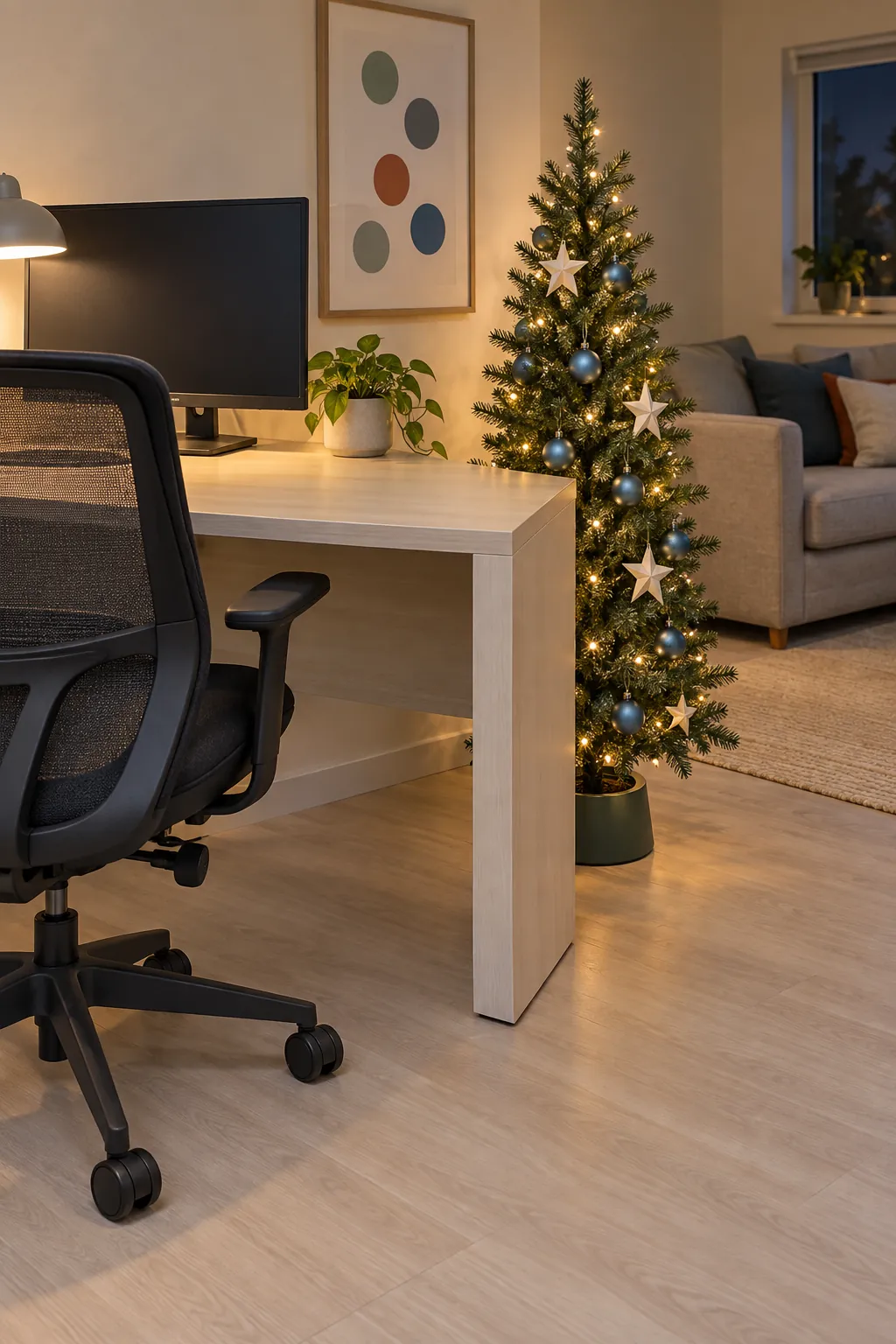 Christmas tree layout: use the outer edge of a desk return