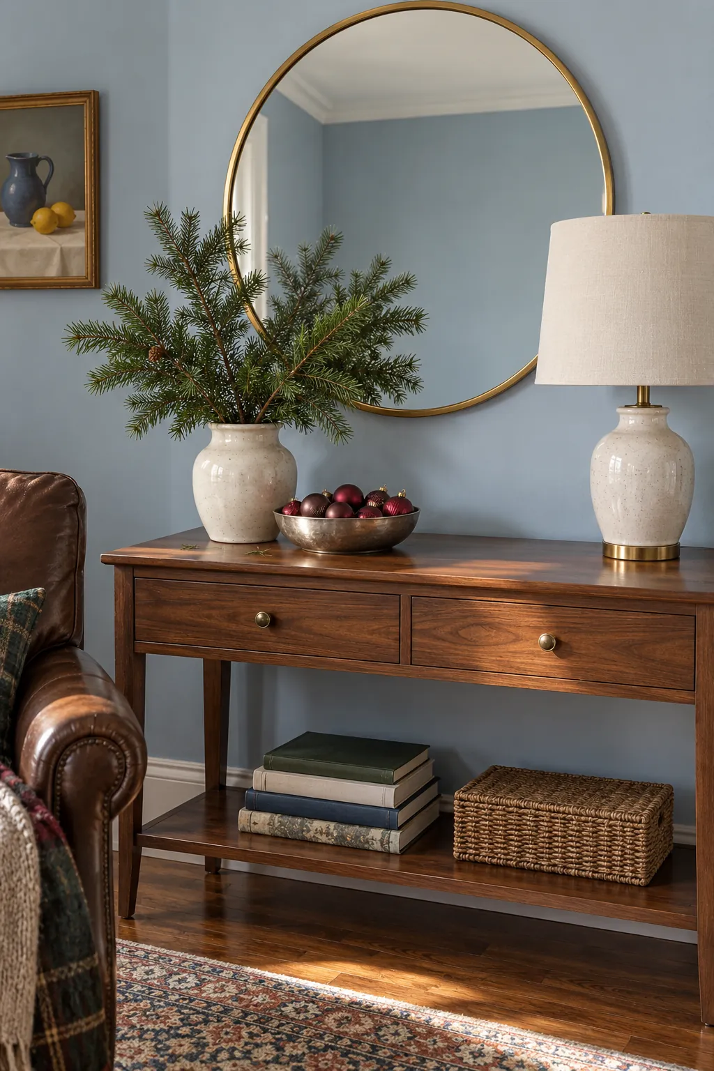 Simple Christmas greenery and ornaments on an existing living room console