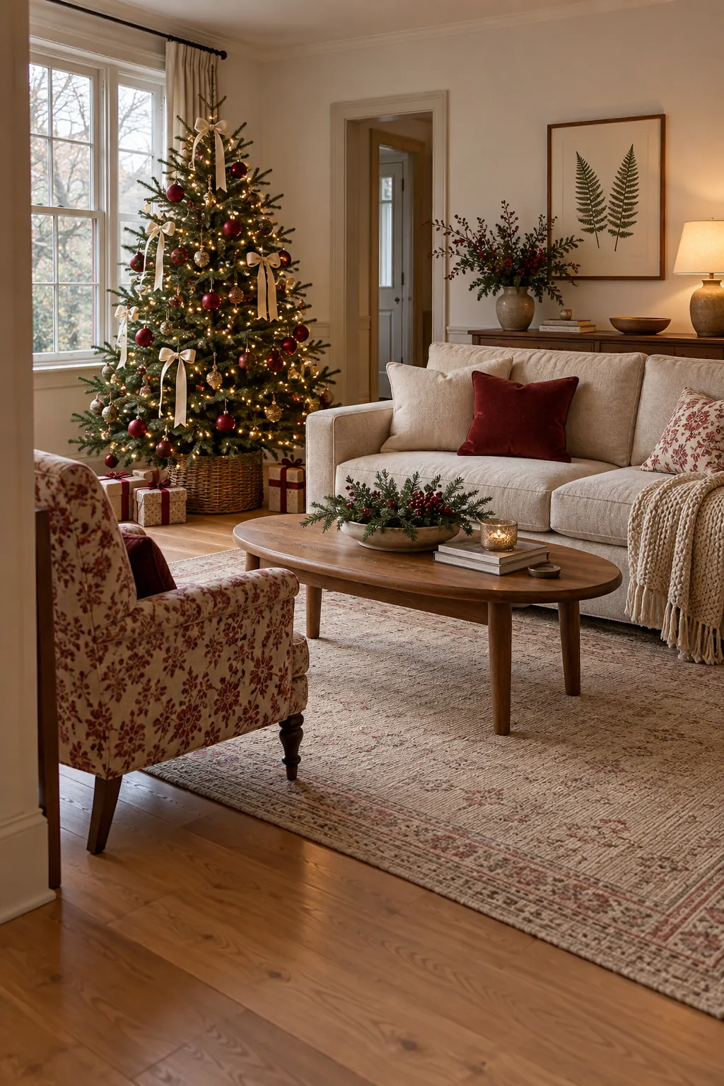 Christmas living room with a tree and comfortable seating instead of a fireplace