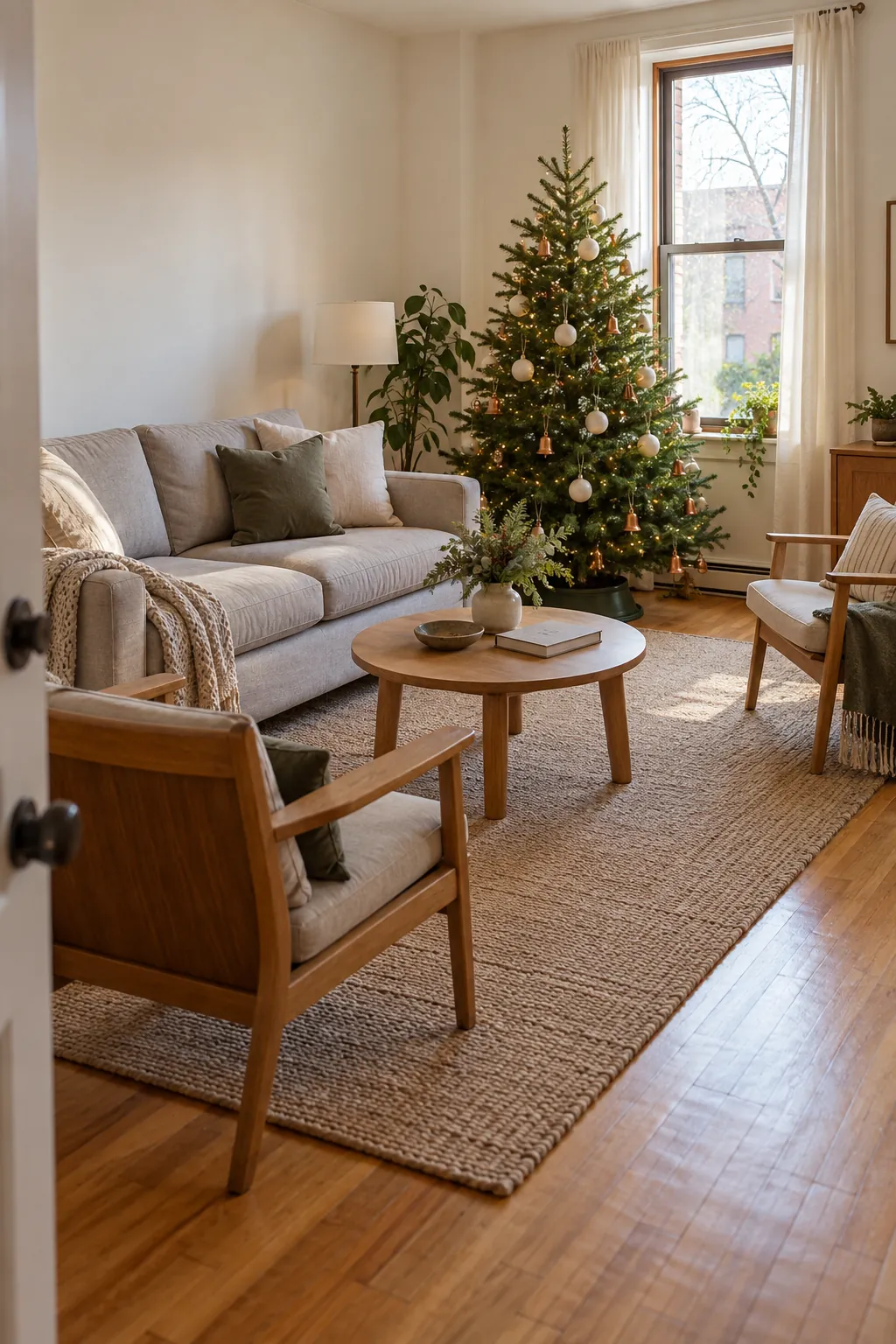 Christmas tree beside a window anchors a living room without a fireplace