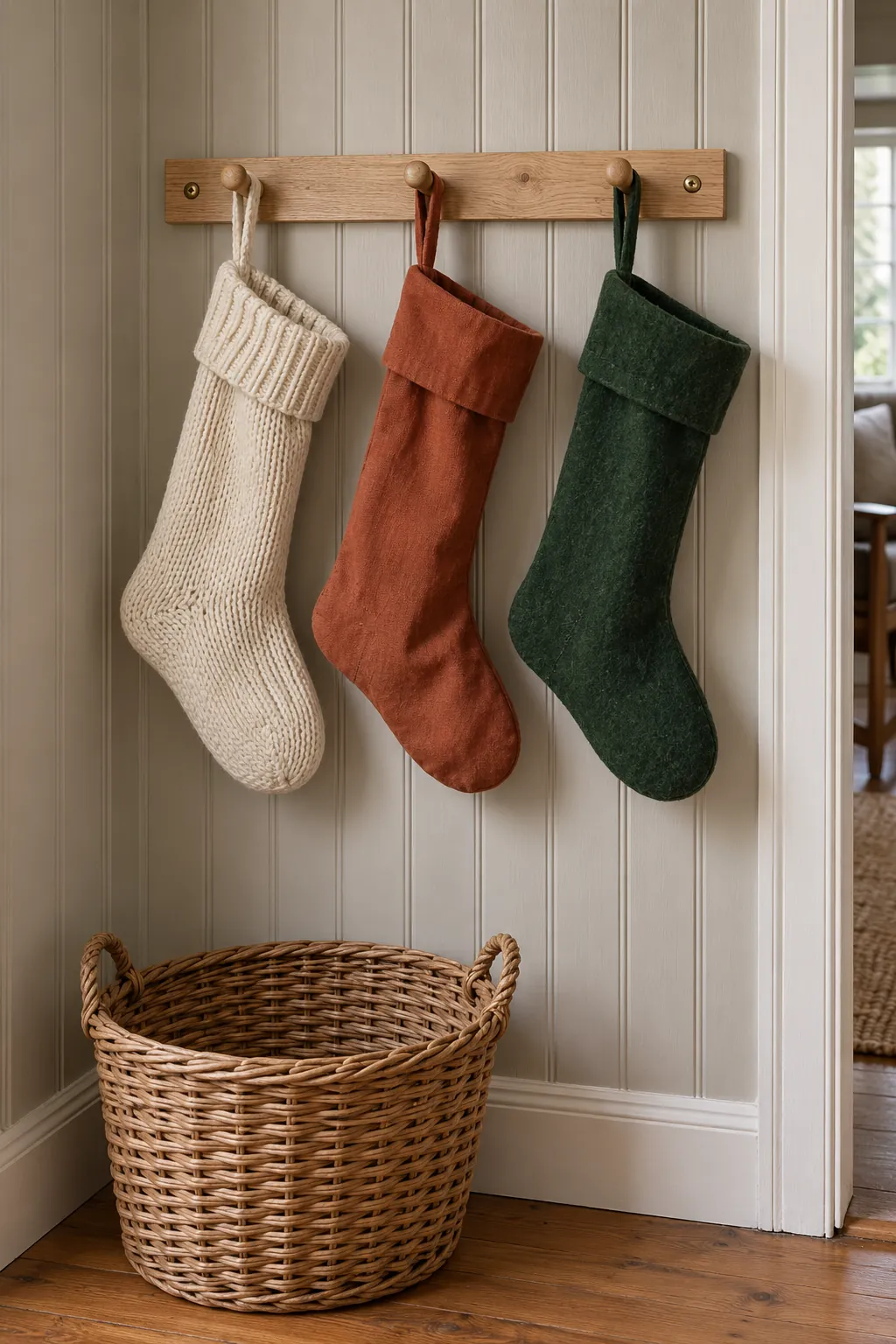 Empty Christmas stockings hang from a secure existing wooden peg rail