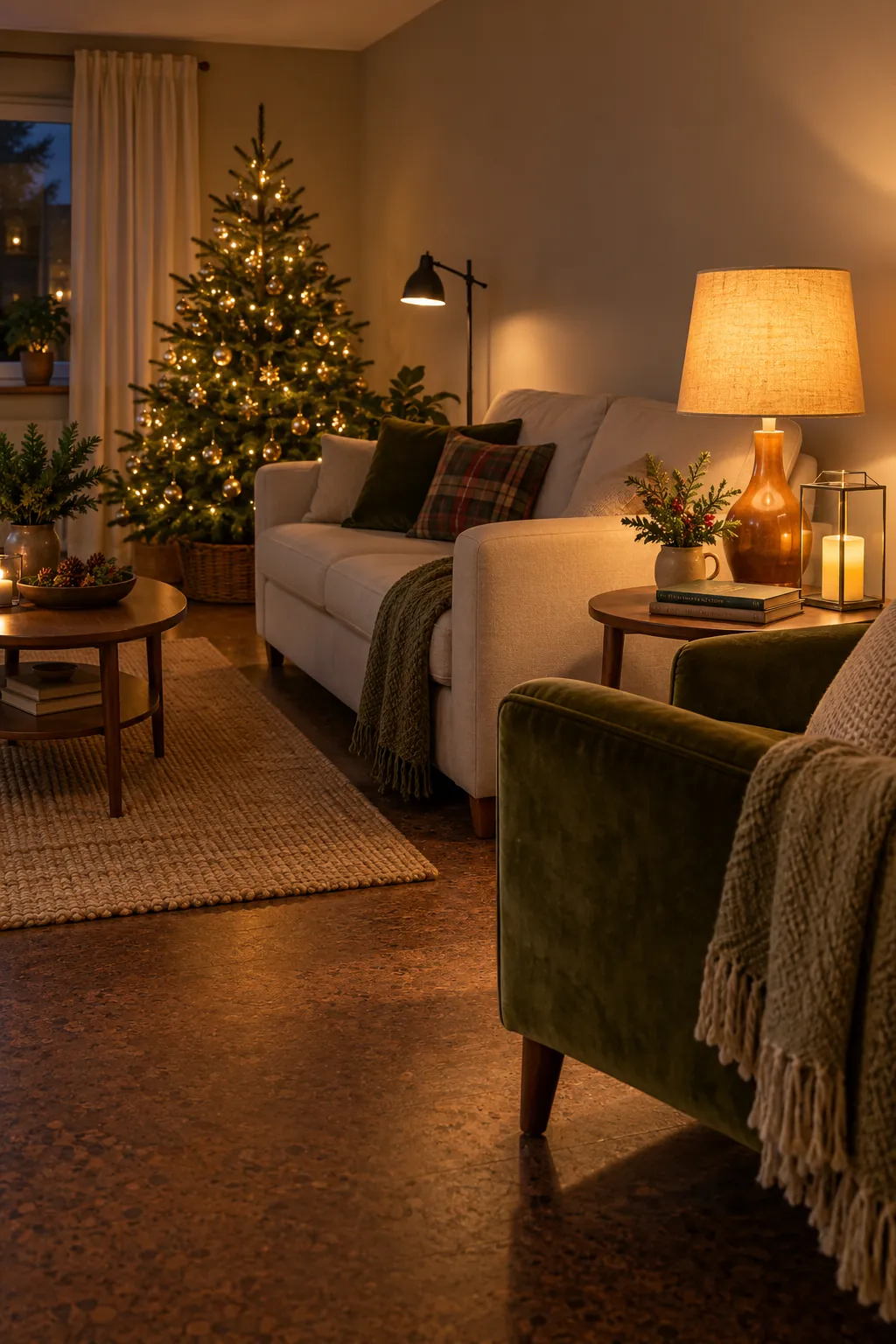 Tree lights and a reading lamp provide gentle evening light in a Christmas sitting room
