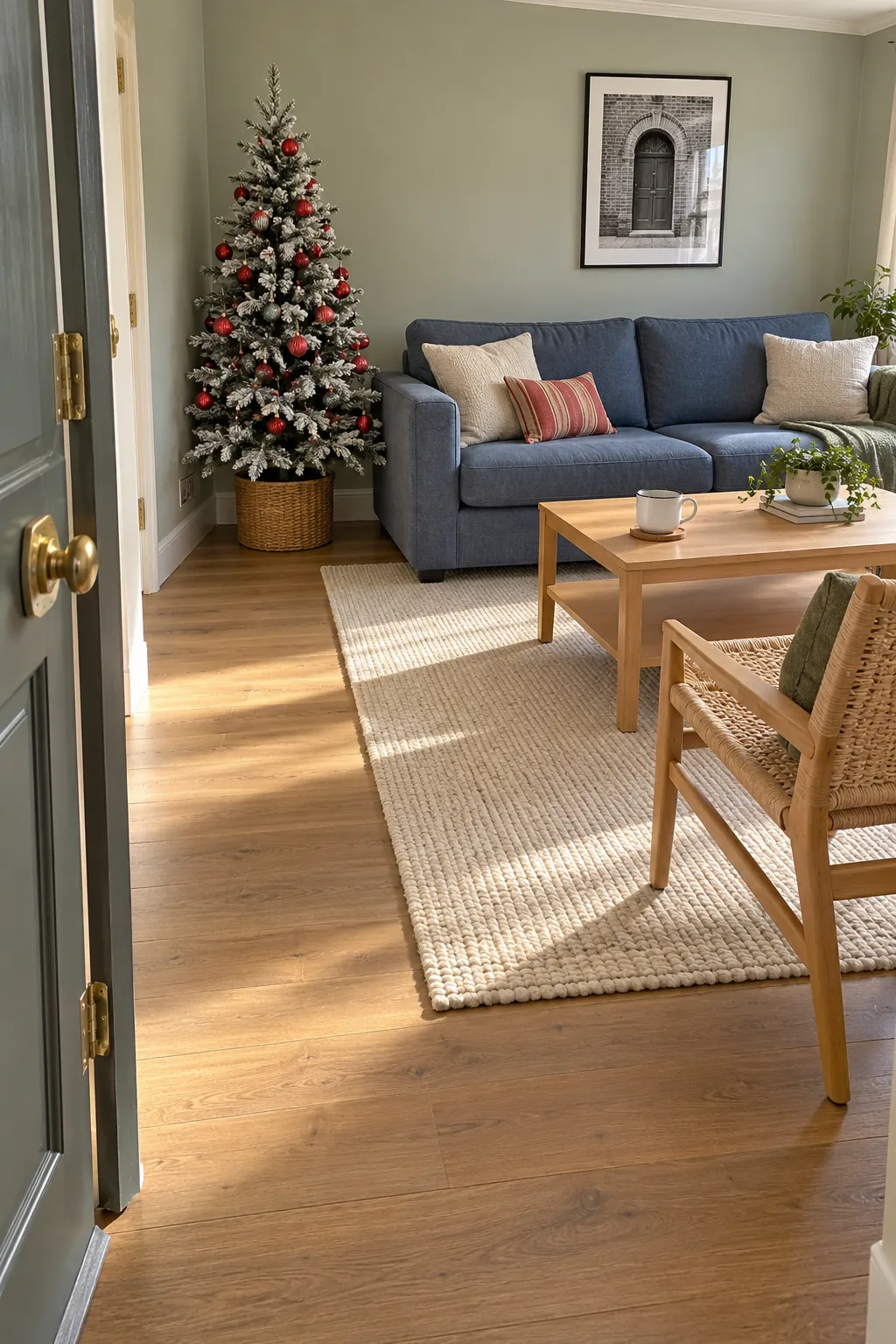 Clear seating and walking routes in a modest Christmas living room
