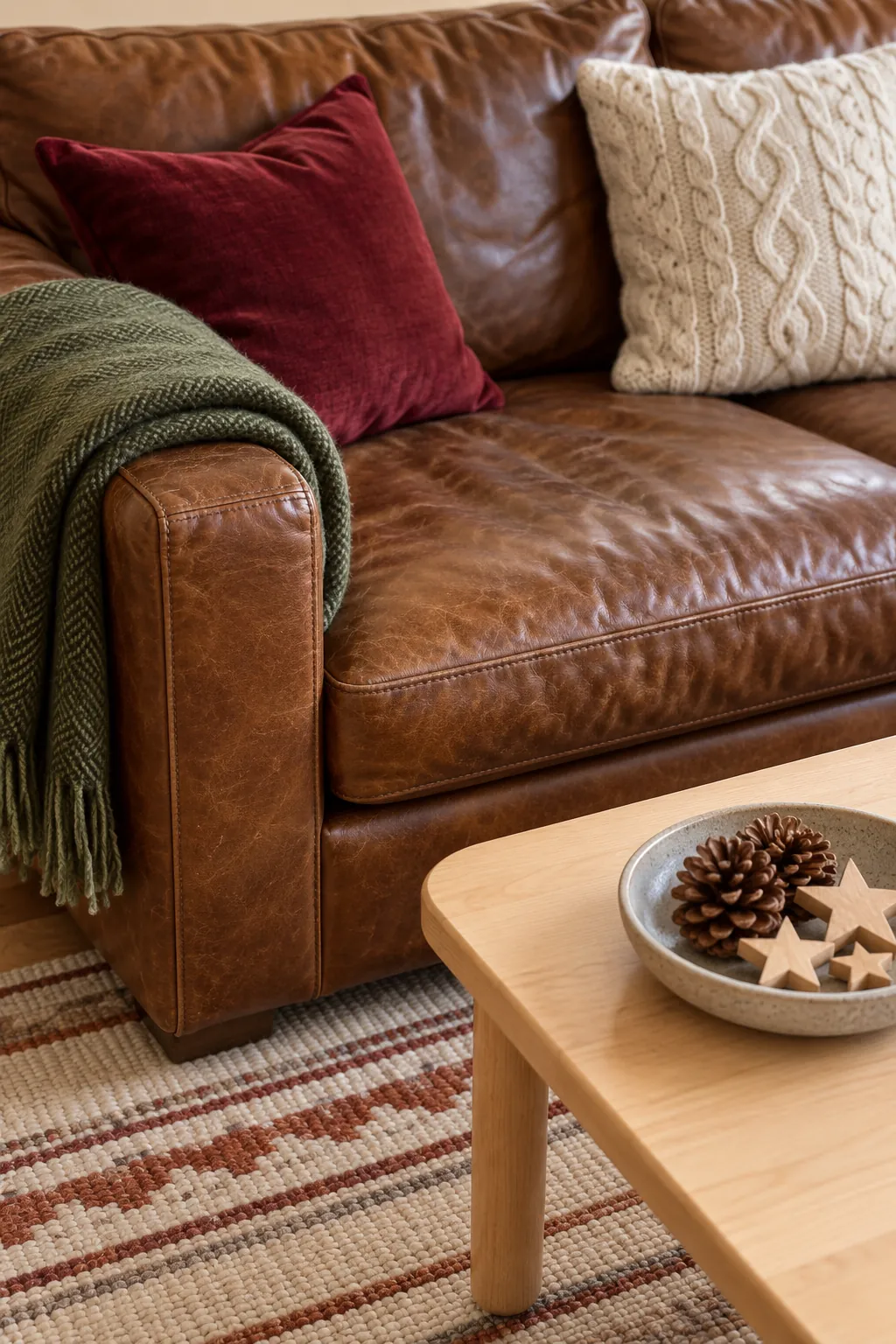 Christmas cushions and a folded throw add texture to everyday living room seating