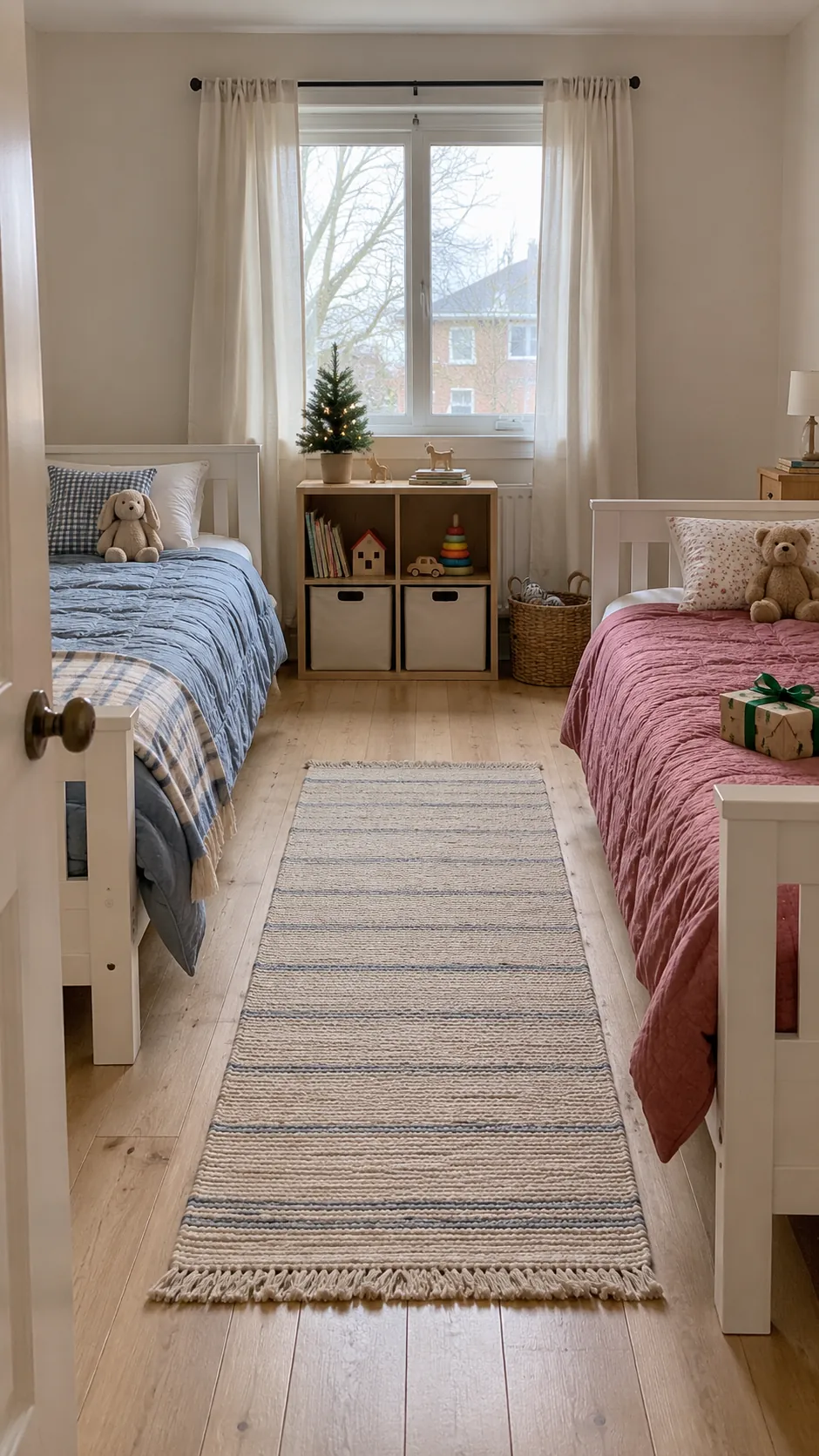 Small shared children’s bedroom with storage ready for Christmas toys