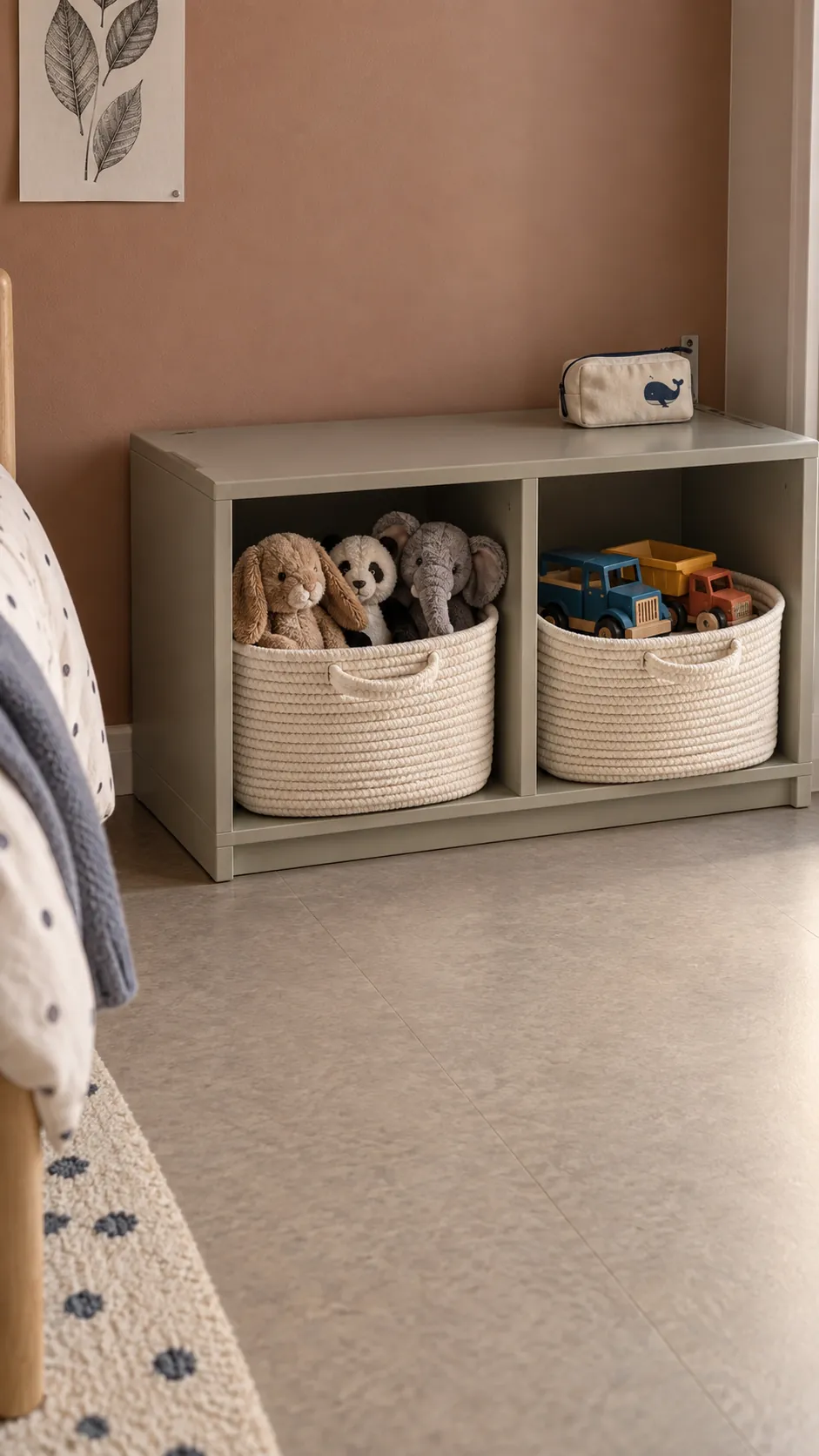 Low accessible bins for shared bedroom toys