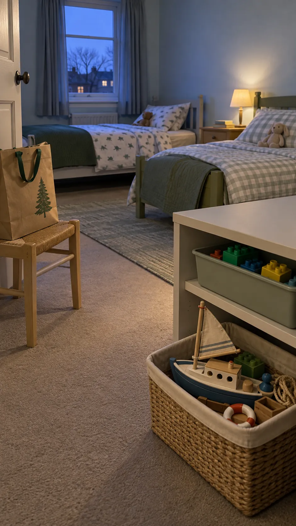 New Christmas toys returned to their bedroom storage