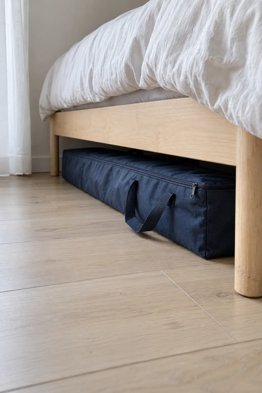 Shallow tree bag beneath an apartment bed