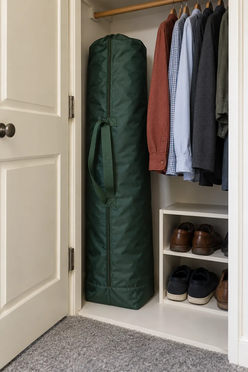 Upright tree bag in a narrow closet bay